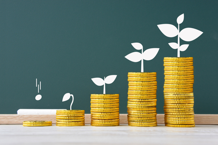 Sprout growth drawn on blackboard with piled coins