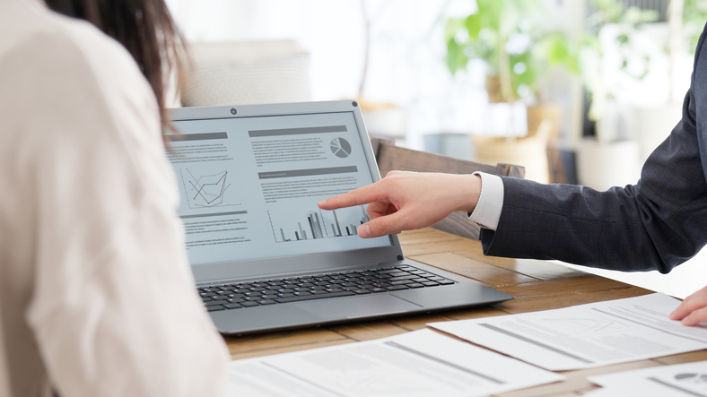 A businessman explaining a plan on a computer